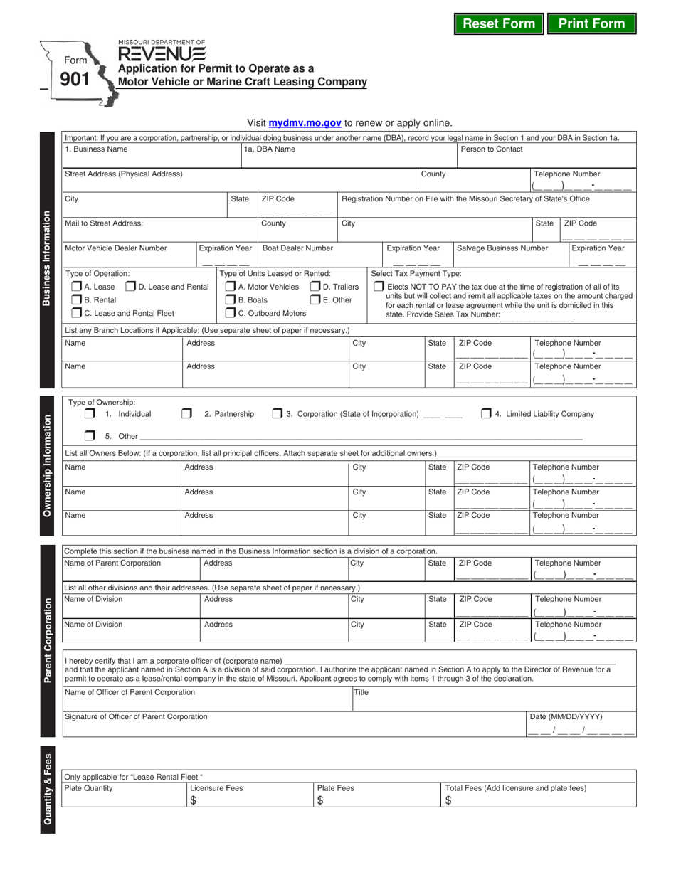 Form 901 Application for Permit to Operate as a Motor Vehicle or Marine Craft Leasing Company - Missouri, Page 1