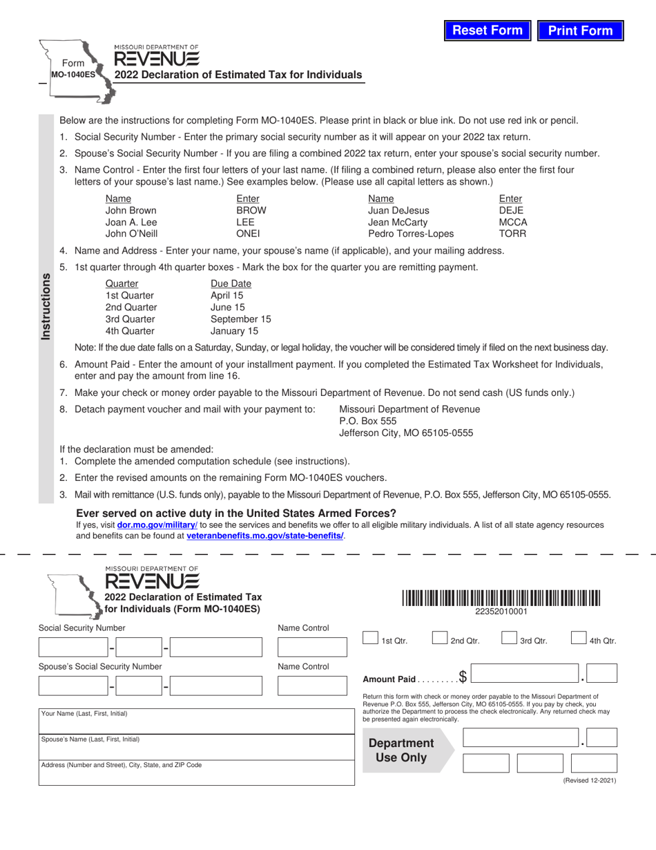 Form MO-1040ES Declaration of Estimated Tax for Individuals - Missouri, Page 1
