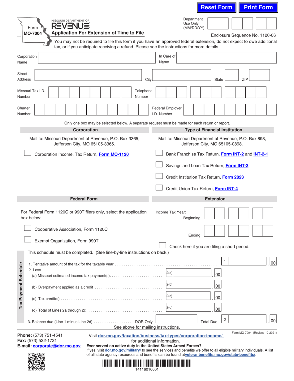 Form MO-7004 Application for Extension of Time to File - Missouri, Page 1