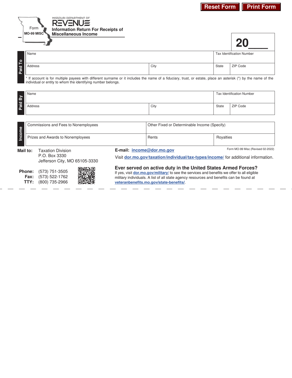 Form MO-99 MISC Information Return for Receipts of Miscellaneous Income - Missouri, Page 1