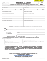 Form 458T Application for Transfer of Nebraska Homestead Exemption - Nebraska