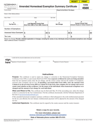 Document preview: Form 458X Amended Homestead Exemption Summary Certificate - Nebraska