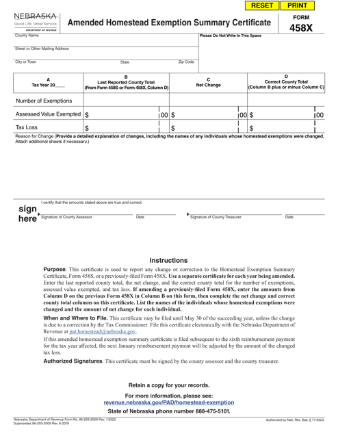 Form 458X Amended Homestead Exemption Summary Certificate - Nebraska