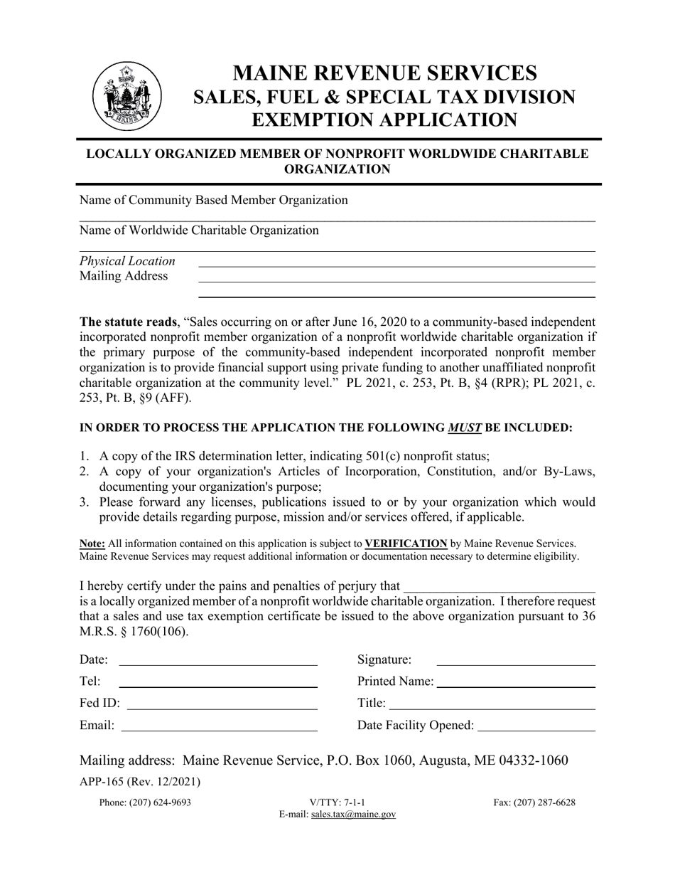 Form APP-165 Exemption Application - Locally Organized Member of Nonprofit Worldwide Charitable Organization - Maine, Page 1