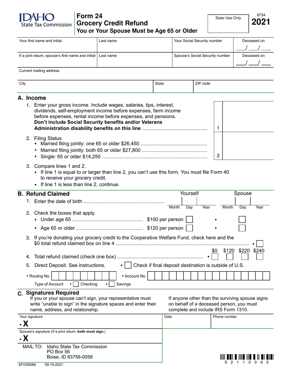 Form 24 (EFO00086) Grocery Credit Refund - Idaho, Page 1