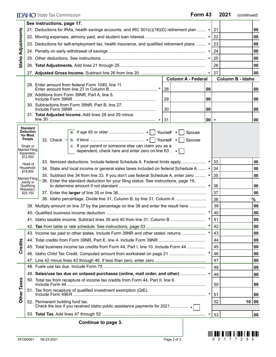 Form 43 (EFO00091) Part-Year Resident and Nonresident Income Tax Return - Idaho, Page 2