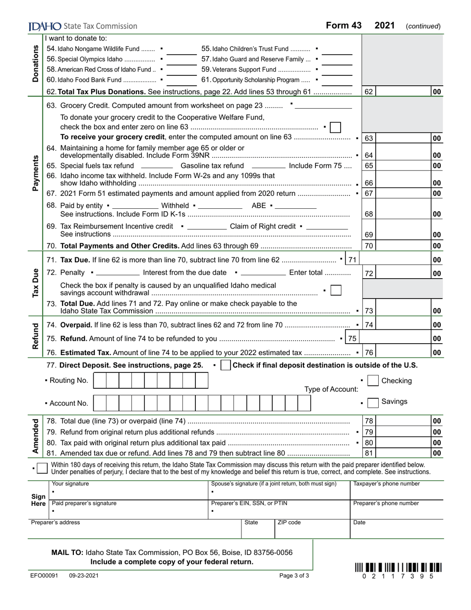 Form 43 (EFO00091) Part-Year Resident and Nonresident Income Tax Return - Idaho, Page 3