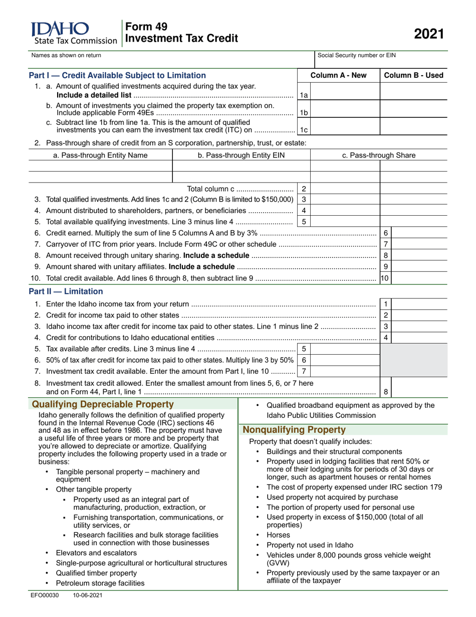 Form 49 (EFO00030) Investment Tax Credit - Idaho, Page 1