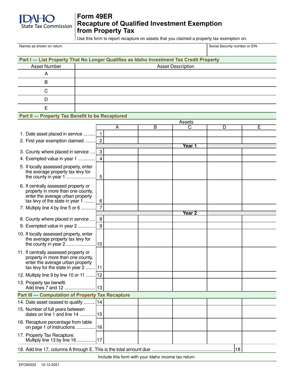 Form 49ER (EFO00032) Recapture of Qualified Investment Exemption From Property Tax - Idaho, Page 1