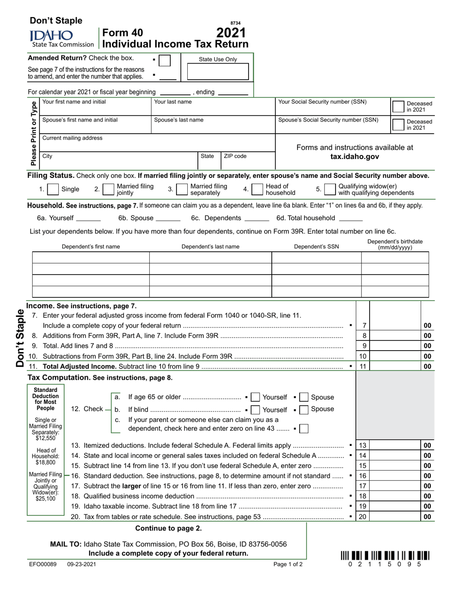 Form 40 (EFO00089) Individual Income Tax Return - Idaho, Page 1