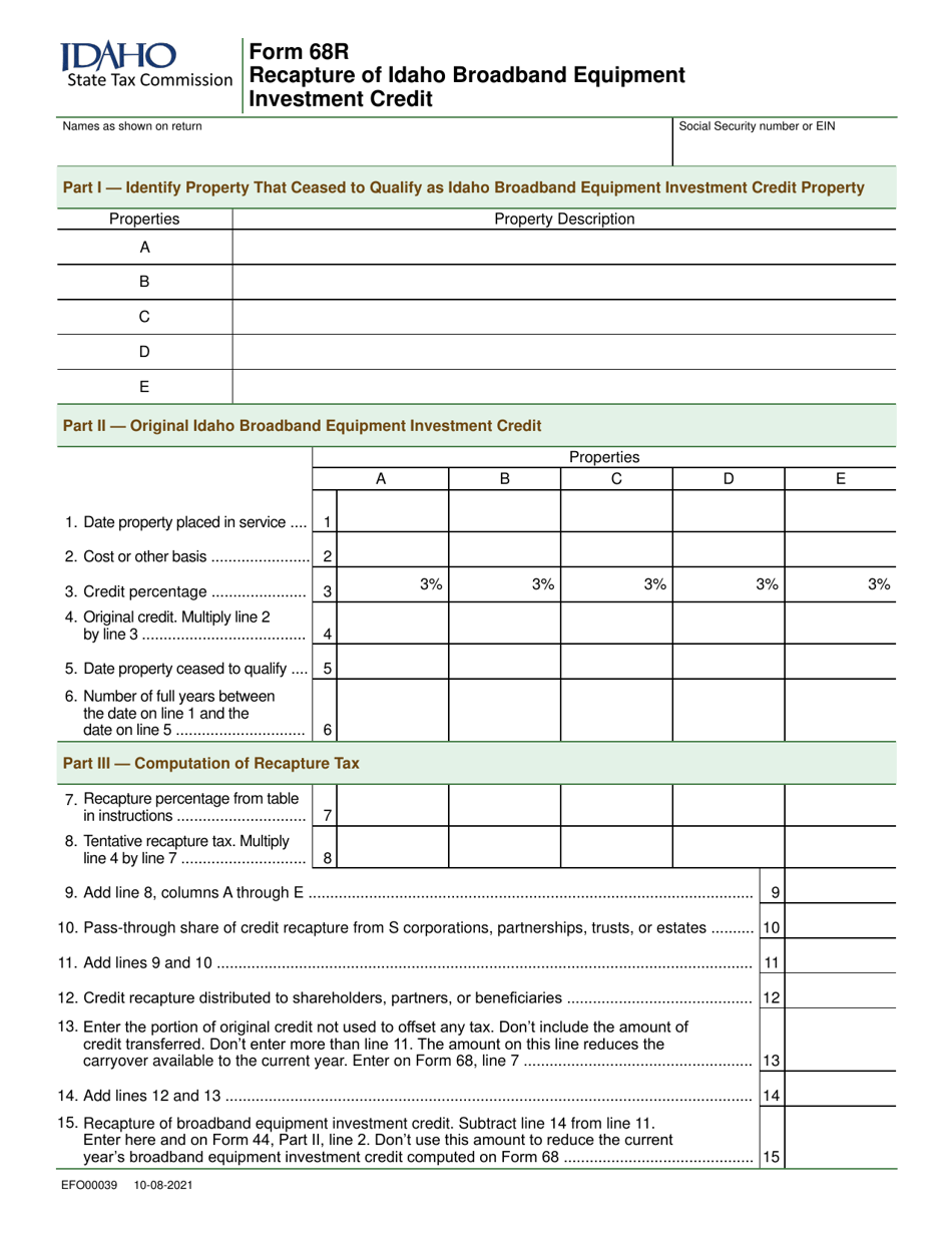 Form 68R (EFO00039) Recapture of Idaho Broadband Equipment Investment Credit - Idaho, Page 1