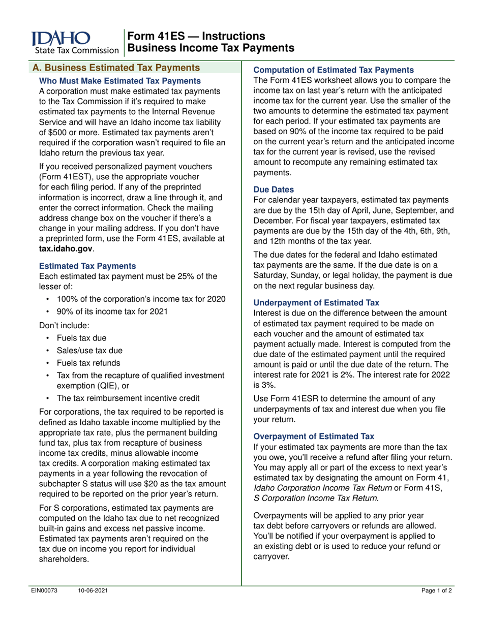 Form 41ES (EFO00026) Estimated Tax Payment / Extension of Time Payment Business Income Tax - Idaho, Page 2