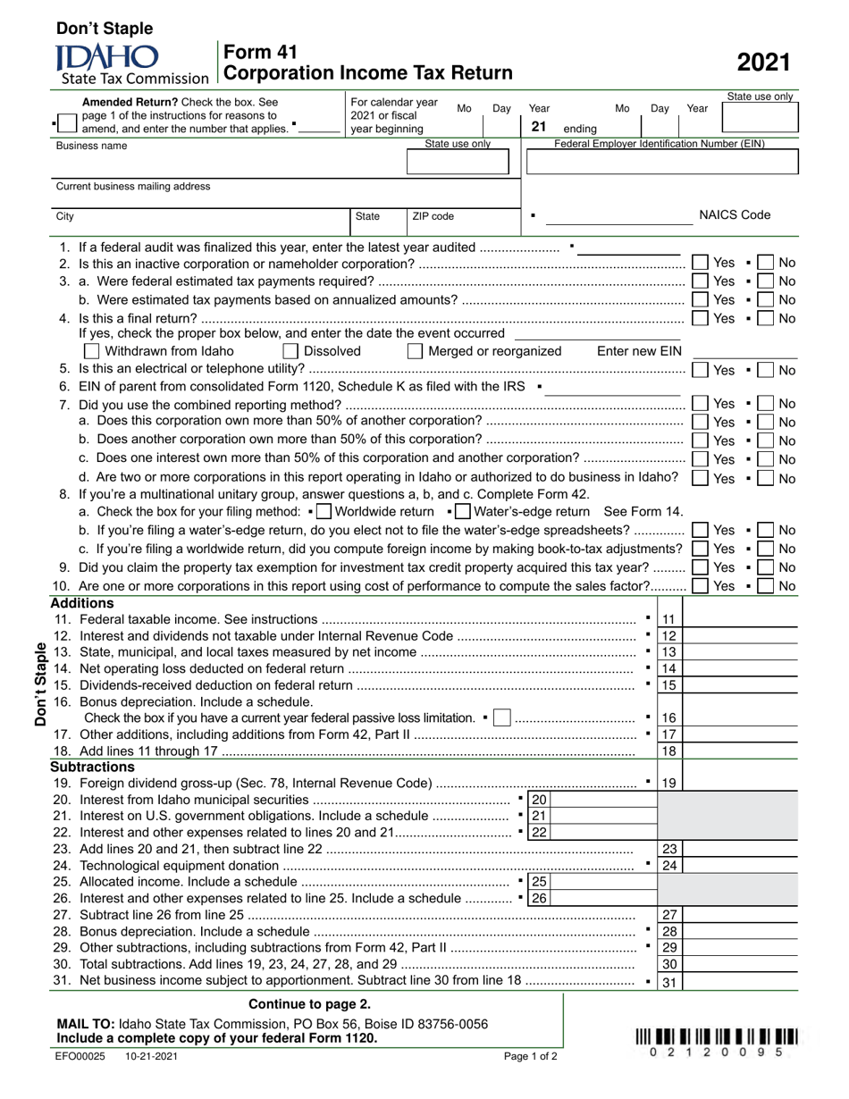 Form 41 (EFO00025) Corporation Income Tax Return - Idaho, Page 1