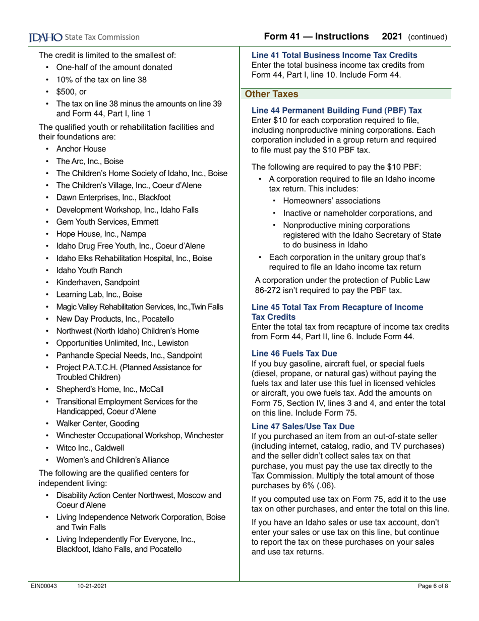 Form 41 (EFO00025) Corporation Income Tax Return - Idaho, Page 8