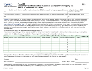Form 49E (EFO00031) Election to Claim the Qualified Investment Exemption From Property Tax Instead of Investment Tax Credit - Idaho