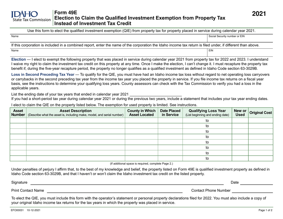 Form 49E (EFO00031) Election to Claim the Qualified Investment Exemption From Property Tax Instead of Investment Tax Credit - Idaho, Page 1