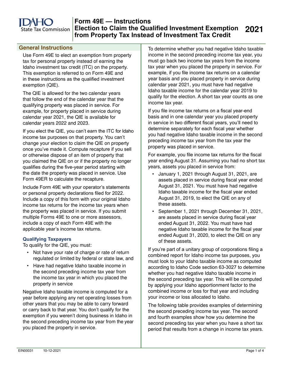 Form 49E (EFO00031) Election to Claim the Qualified Investment Exemption From Property Tax Instead of Investment Tax Credit - Idaho, Page 3