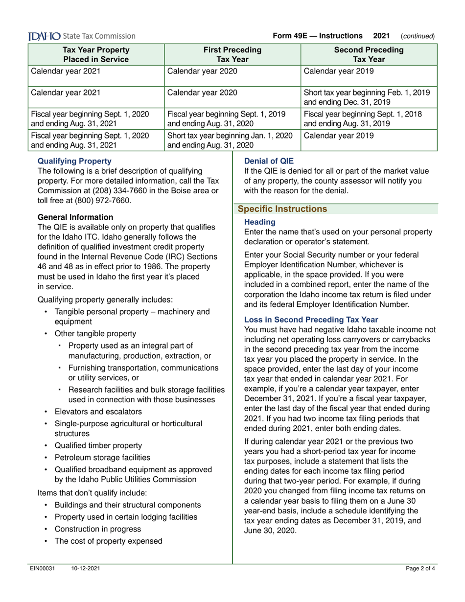 Form 49E (EFO00031) Election to Claim the Qualified Investment Exemption From Property Tax Instead of Investment Tax Credit - Idaho, Page 4