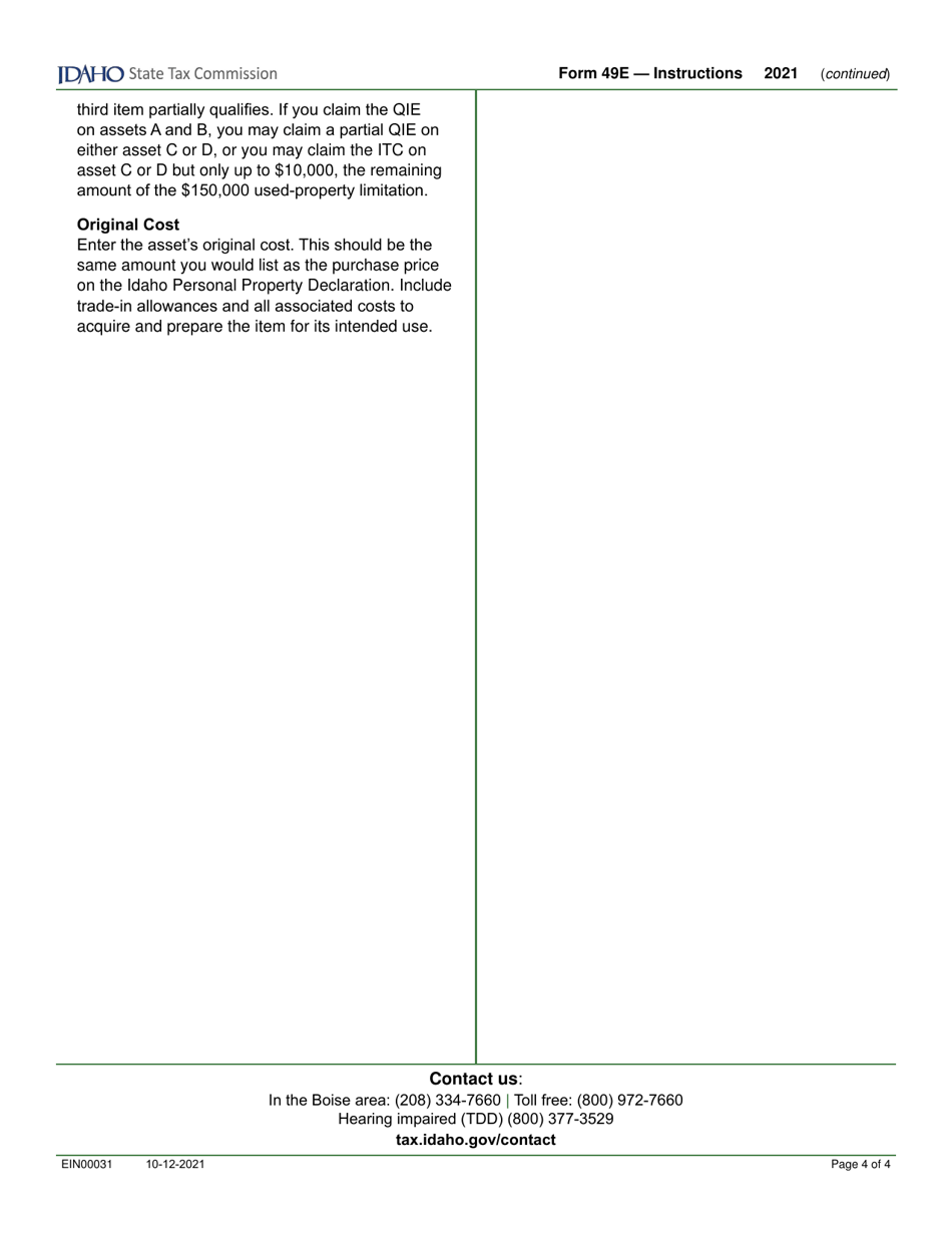 Form 49E (EFO00031) Election to Claim the Qualified Investment Exemption From Property Tax Instead of Investment Tax Credit - Idaho, Page 6