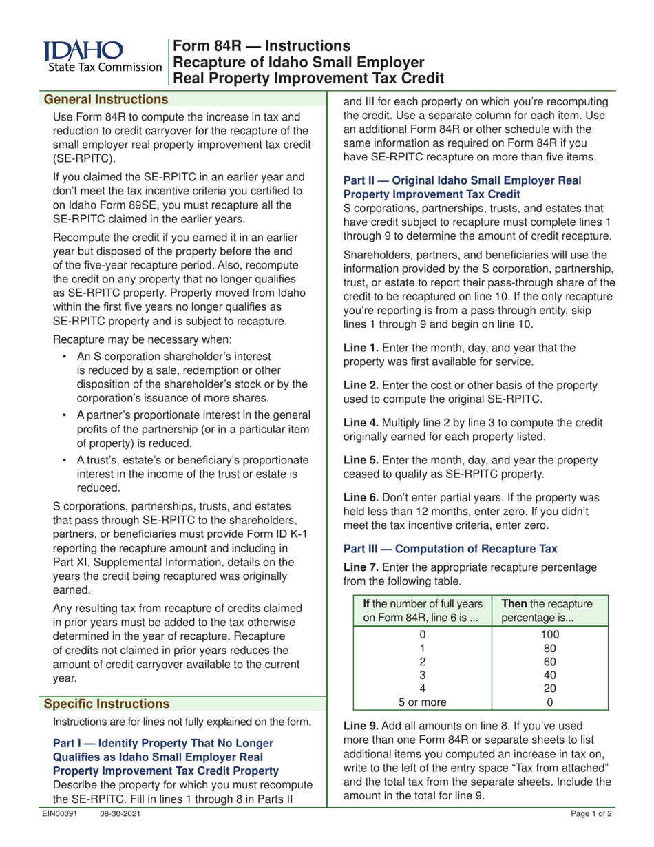 Form 84R (EFO00015) Recapture of Idaho Small Employer Real Property Improvement Tax Credit - Idaho, Page 2