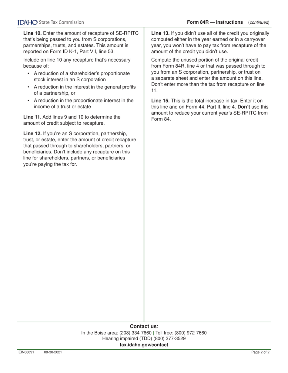Form 84R (EFO00015) Recapture of Idaho Small Employer Real Property Improvement Tax Credit - Idaho, Page 3