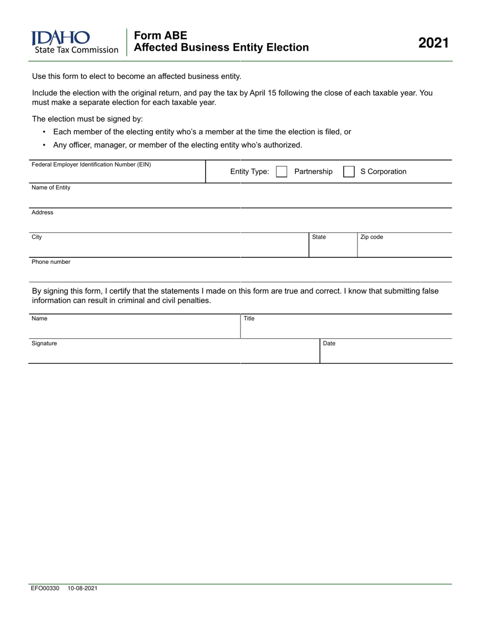 Form ABE (EFO00330) Affected Business Entity Election - Idaho, Page 1