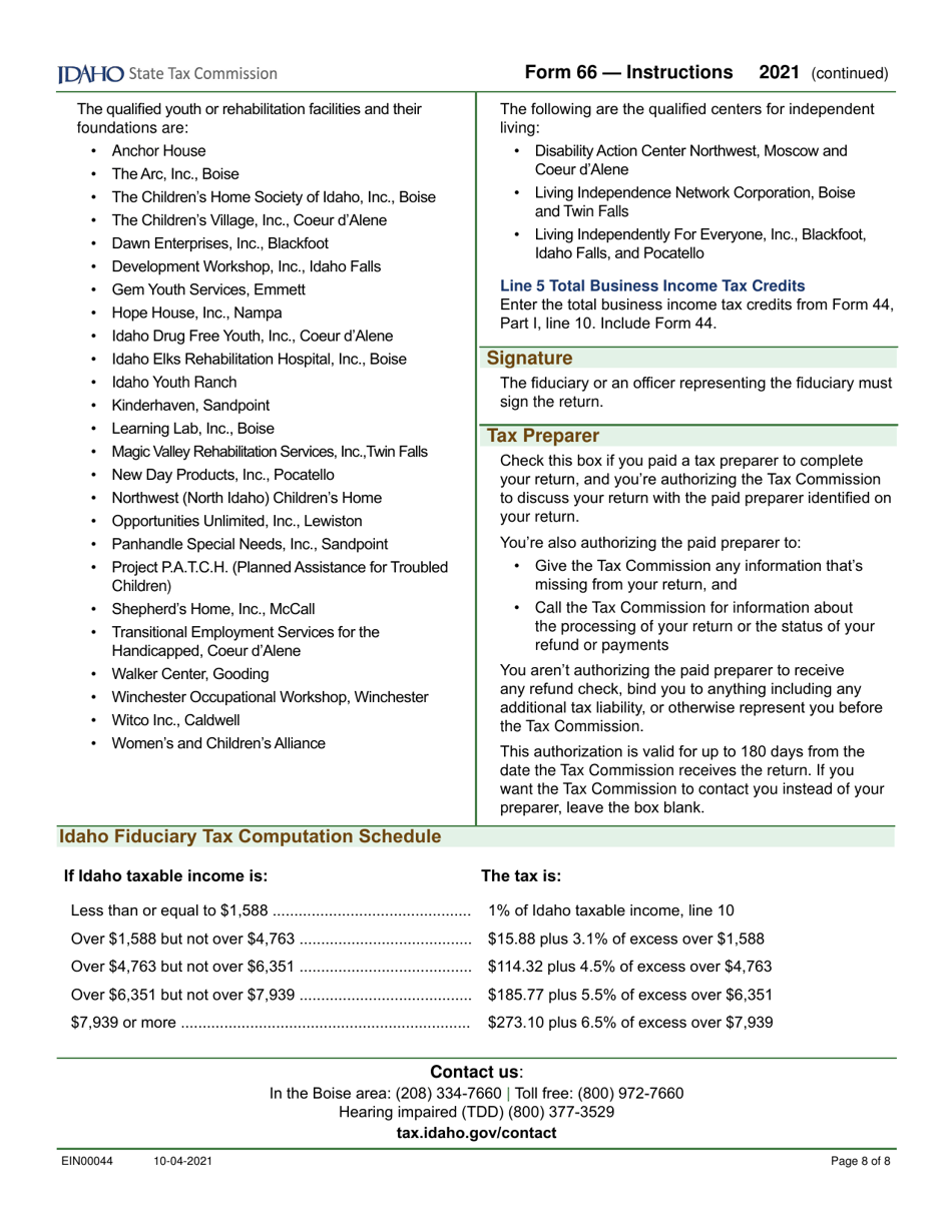 Form 66 (EFO00036) Fiduciary Income Tax Return - Idaho, Page 10