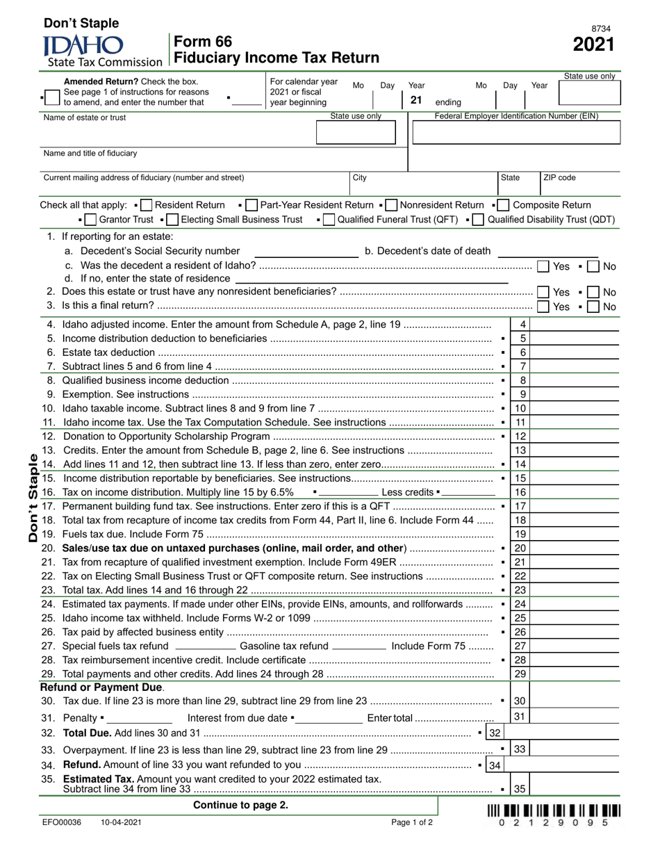 Form 66 (EFO00036) Fiduciary Income Tax Return - Idaho, Page 1