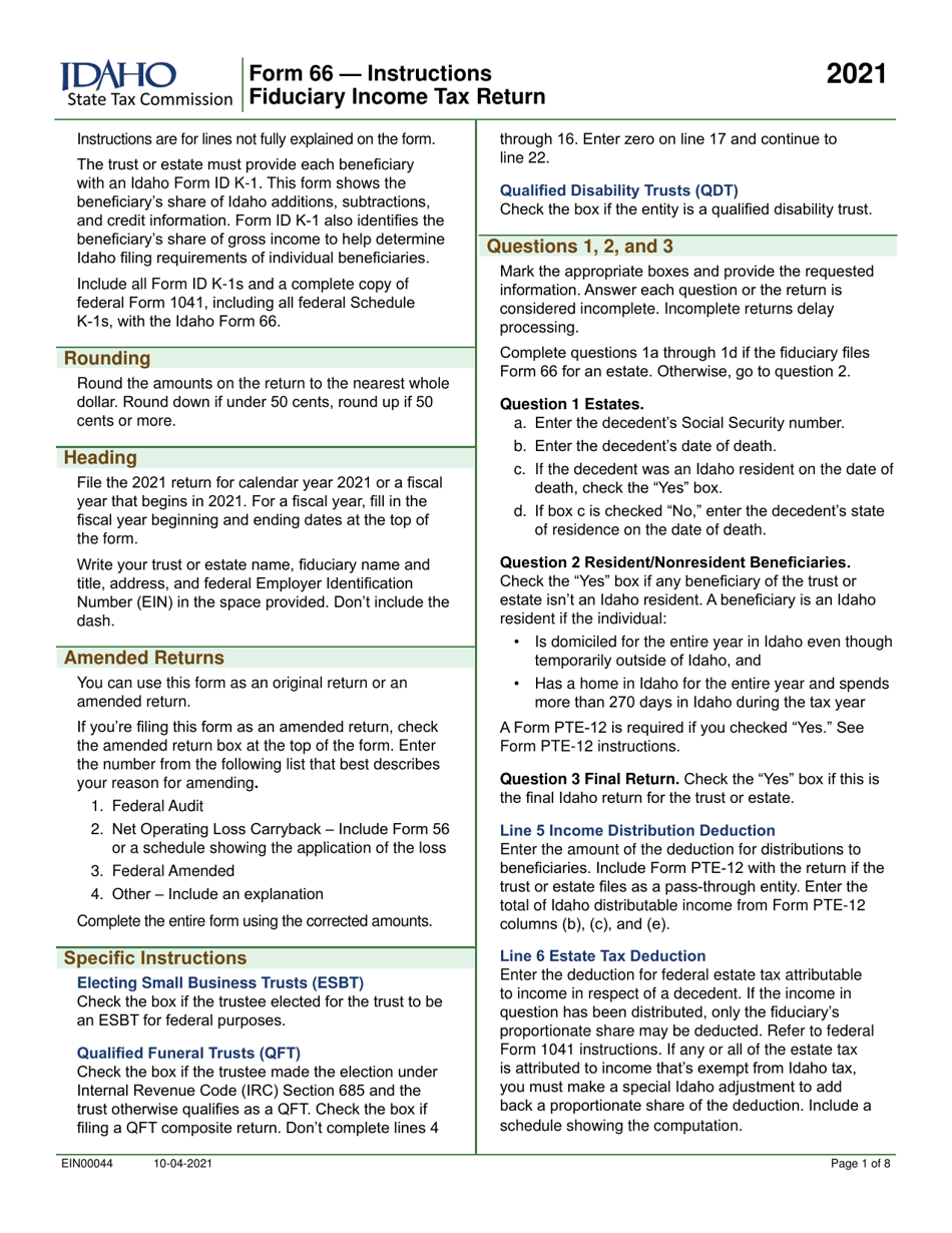 Form 66 (EFO00036) Fiduciary Income Tax Return - Idaho, Page 3