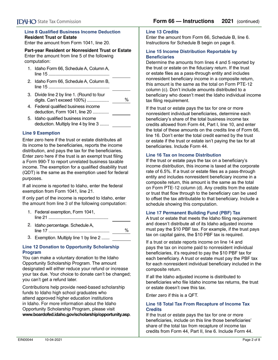 Form 66 (EFO00036) Fiduciary Income Tax Return - Idaho, Page 4