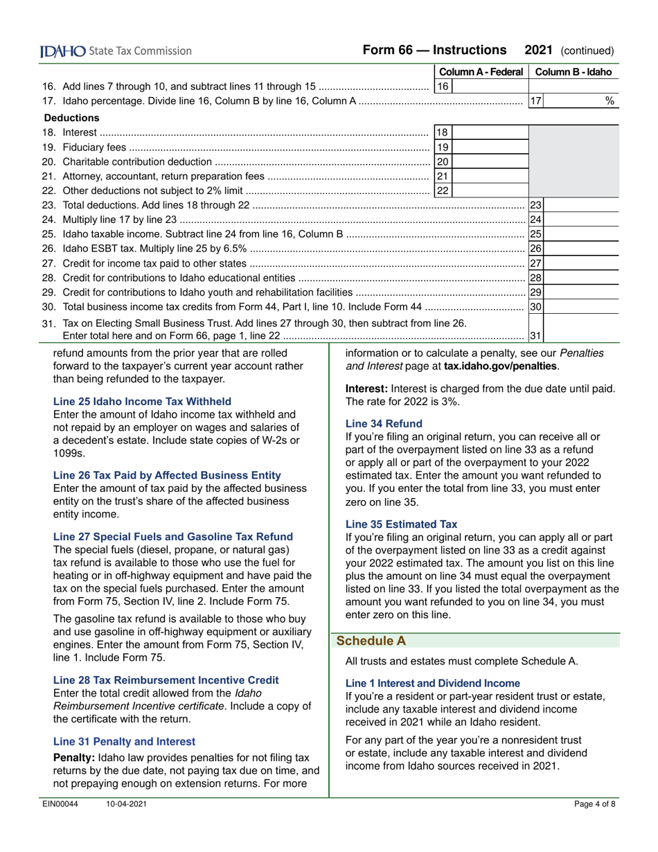 Form 66 (EFO00036) Fiduciary Income Tax Return - Idaho, Page 6
