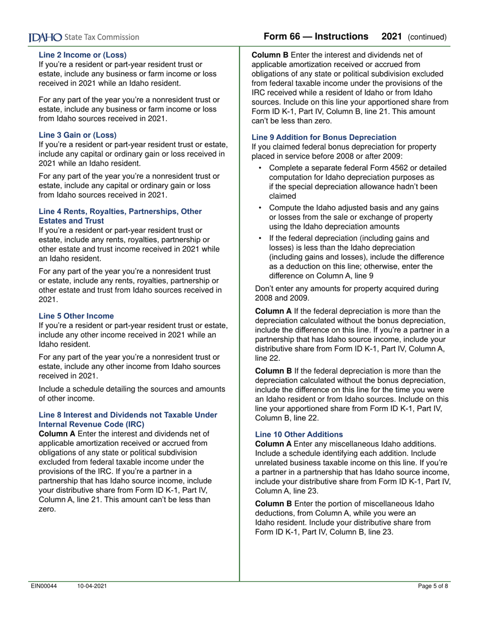 Form 66 (EFO00036) Fiduciary Income Tax Return - Idaho, Page 7
