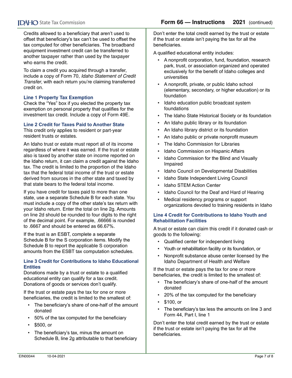 Form 66 (EFO00036) Fiduciary Income Tax Return - Idaho, Page 9