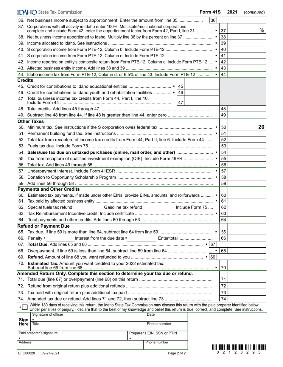 Form 41S (EFO00028) S Corporation Income Tax Return - Idaho, Page 2