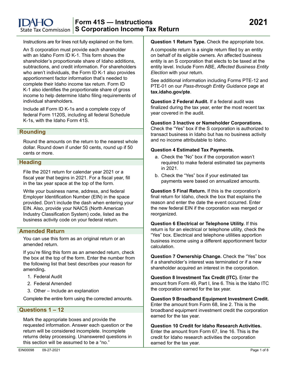 Form 41S (EFO00028) S Corporation Income Tax Return - Idaho, Page 3