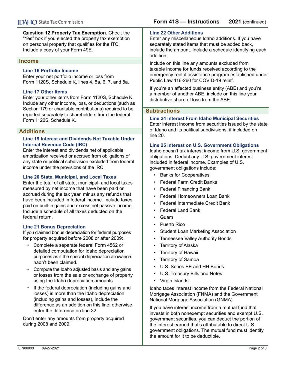 Form 41S (EFO00028) S Corporation Income Tax Return - Idaho, Page 4