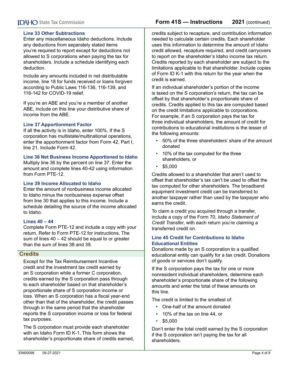 Form 41S (EFO00028) S Corporation Income Tax Return - Idaho, Page 6