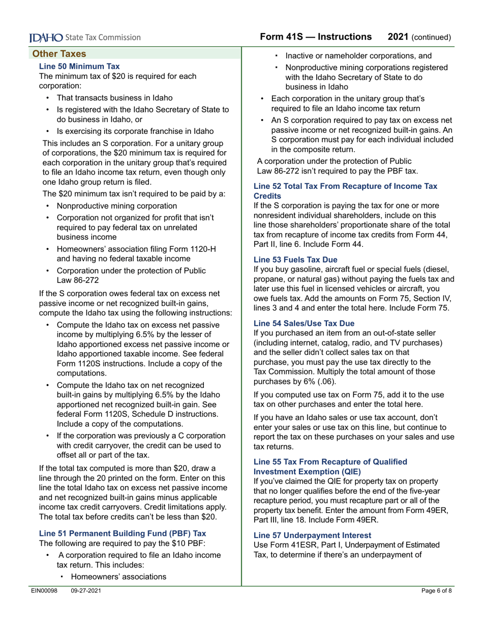 Form 41S (EFO00028) S Corporation Income Tax Return - Idaho, Page 8