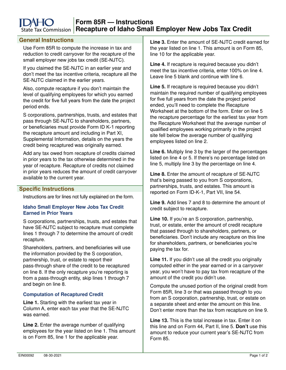 Form 85R (EFO00019) Recapture of Idaho Small Employer New Jobs Tax Credit - Idaho, Page 2