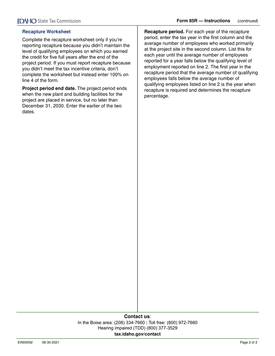Form 85R (EFO00019) Recapture of Idaho Small Employer New Jobs Tax Credit - Idaho, Page 3