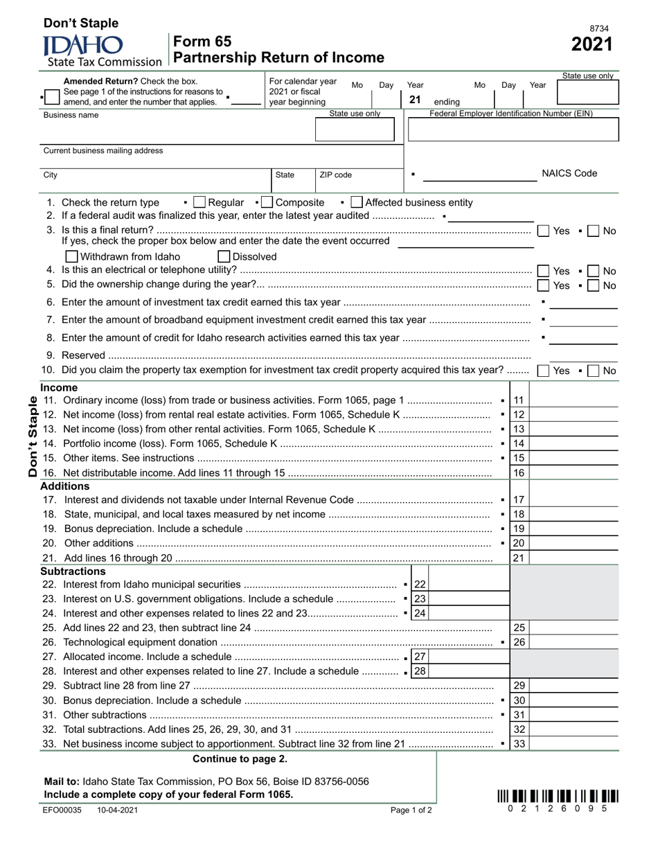 Form 65 (EFO00035) Partnership Return of Income - Idaho, Page 1