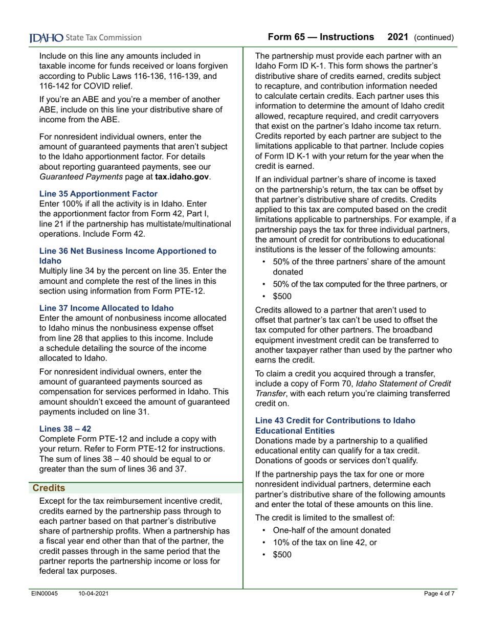 Form 65 (EFO00035) Partnership Return of Income - Idaho, Page 6