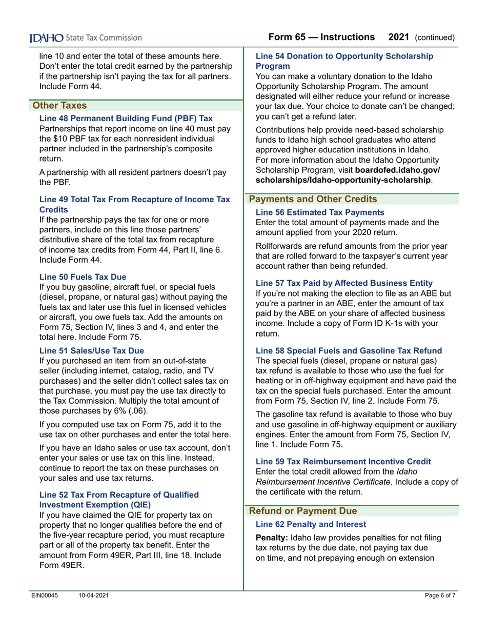 Form 65 (EFO00035) Partnership Return of Income - Idaho, Page 8