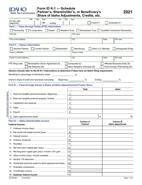 Form ID K-1 (EFO00201) 2021 Printable Pdf