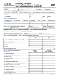 Form ID K-1 (EFO00201) Partner&#039;s, Shareholder&#039;s or Beneficiary&#039;s Share of Idaho Adjustments, Credits, Etc - Idaho