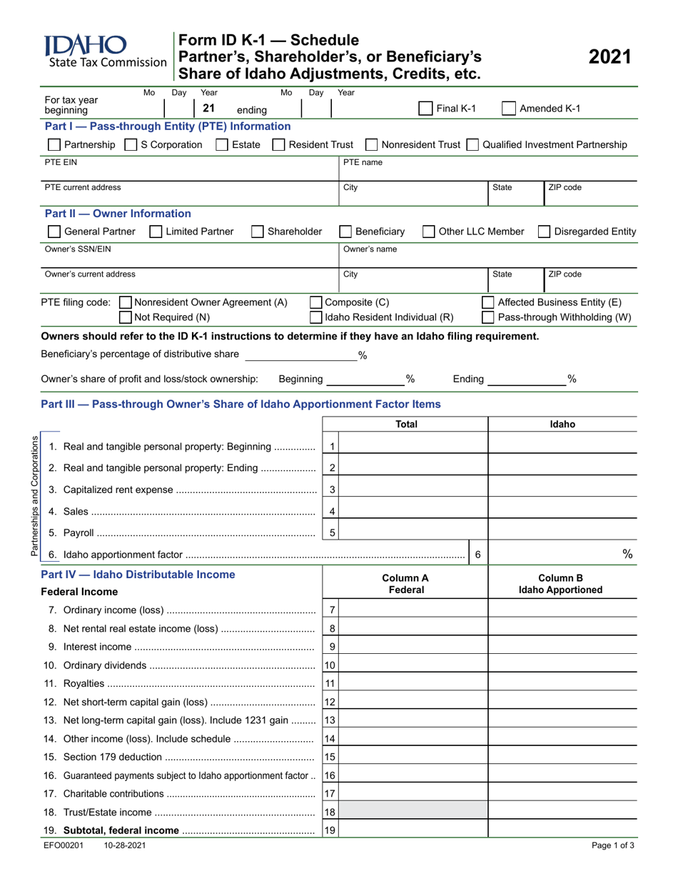 Form ID K-1 (EFO00201) Partners, Shareholders or Beneficiarys Share of Idaho Adjustments, Credits, Etc - Idaho, Page 1