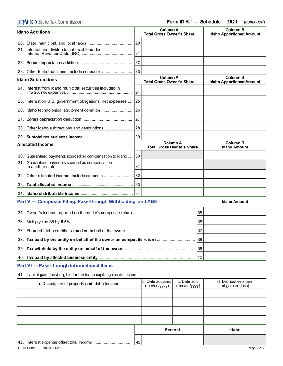 Form ID K-1 (EFO00201) Partners, Shareholders or Beneficiarys Share of Idaho Adjustments, Credits, Etc - Idaho, Page 2