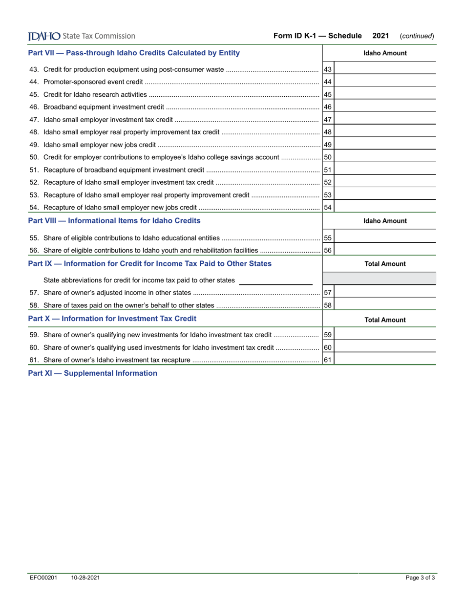 Form ID K-1 (EFO00201) Partners, Shareholders or Beneficiarys Share of Idaho Adjustments, Credits, Etc - Idaho, Page 3