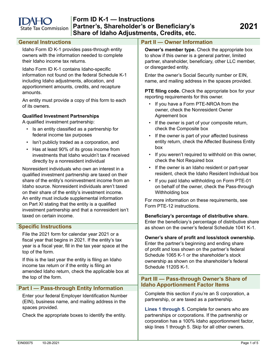 Form ID K-1 (EFO00201) Partners, Shareholders or Beneficiarys Share of Idaho Adjustments, Credits, Etc - Idaho, Page 4