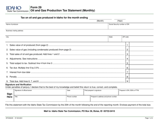 Form 29 (EFO00245) Oil and Gas Production Tax Statement (Monthly) - Idaho